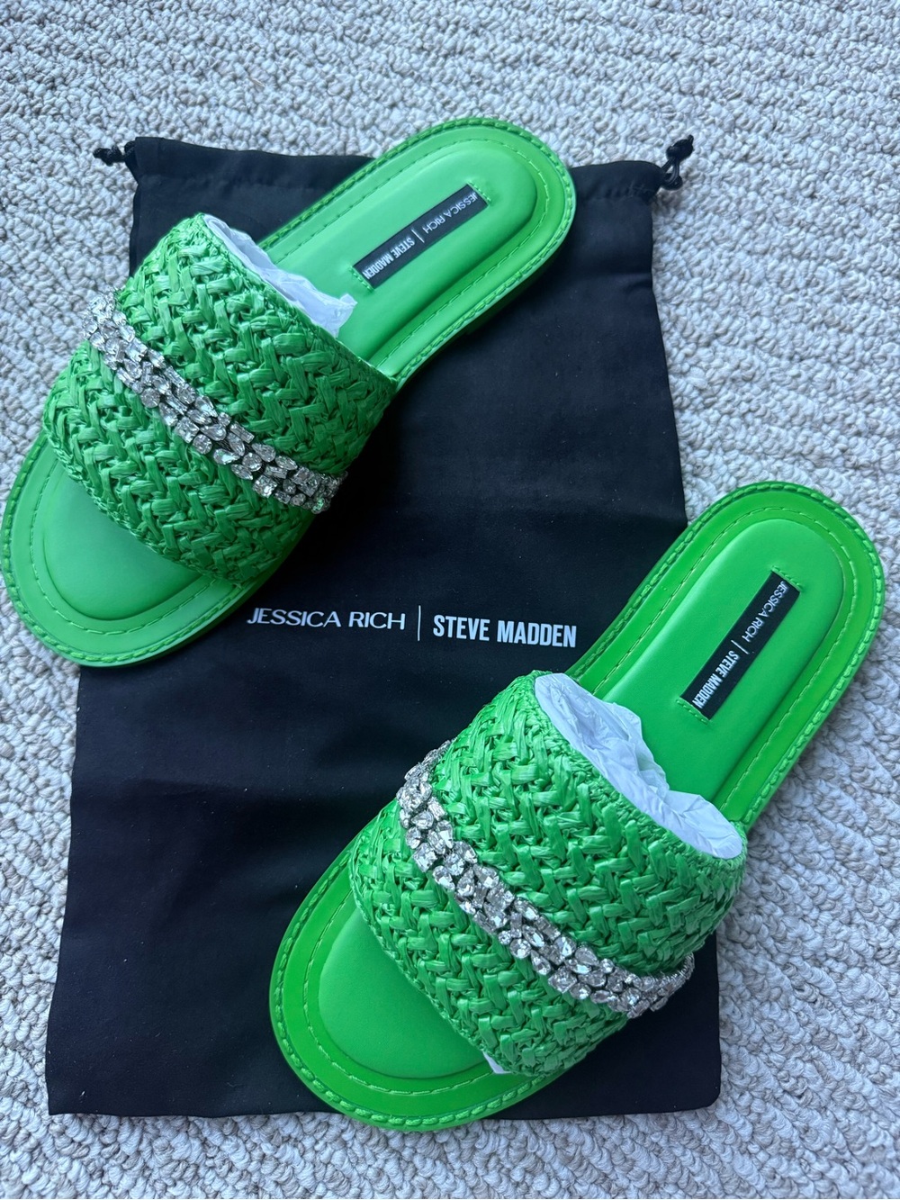 Steve Madden x Jessica Rich Green Braided Slide Sandals with Crystal Trim